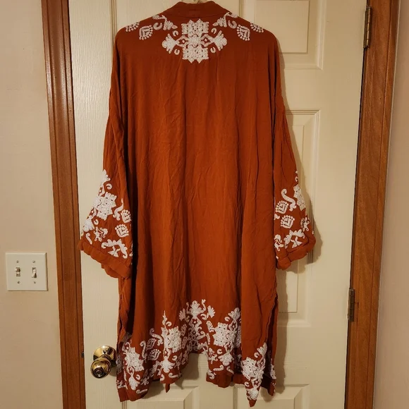 Women’s Chicos Embroidered Terracotta Kimono Cardigan Size L/XL Pockets Boho - Picture 5 of 8